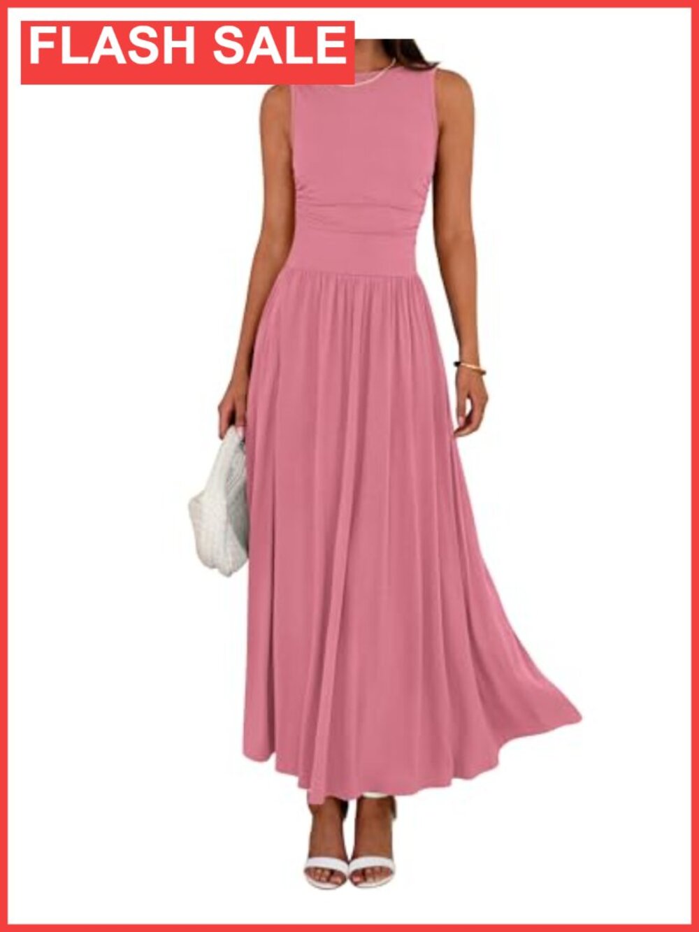 Sleeveless Maxi Dress Ruched High Waist A-Line Casual Summer